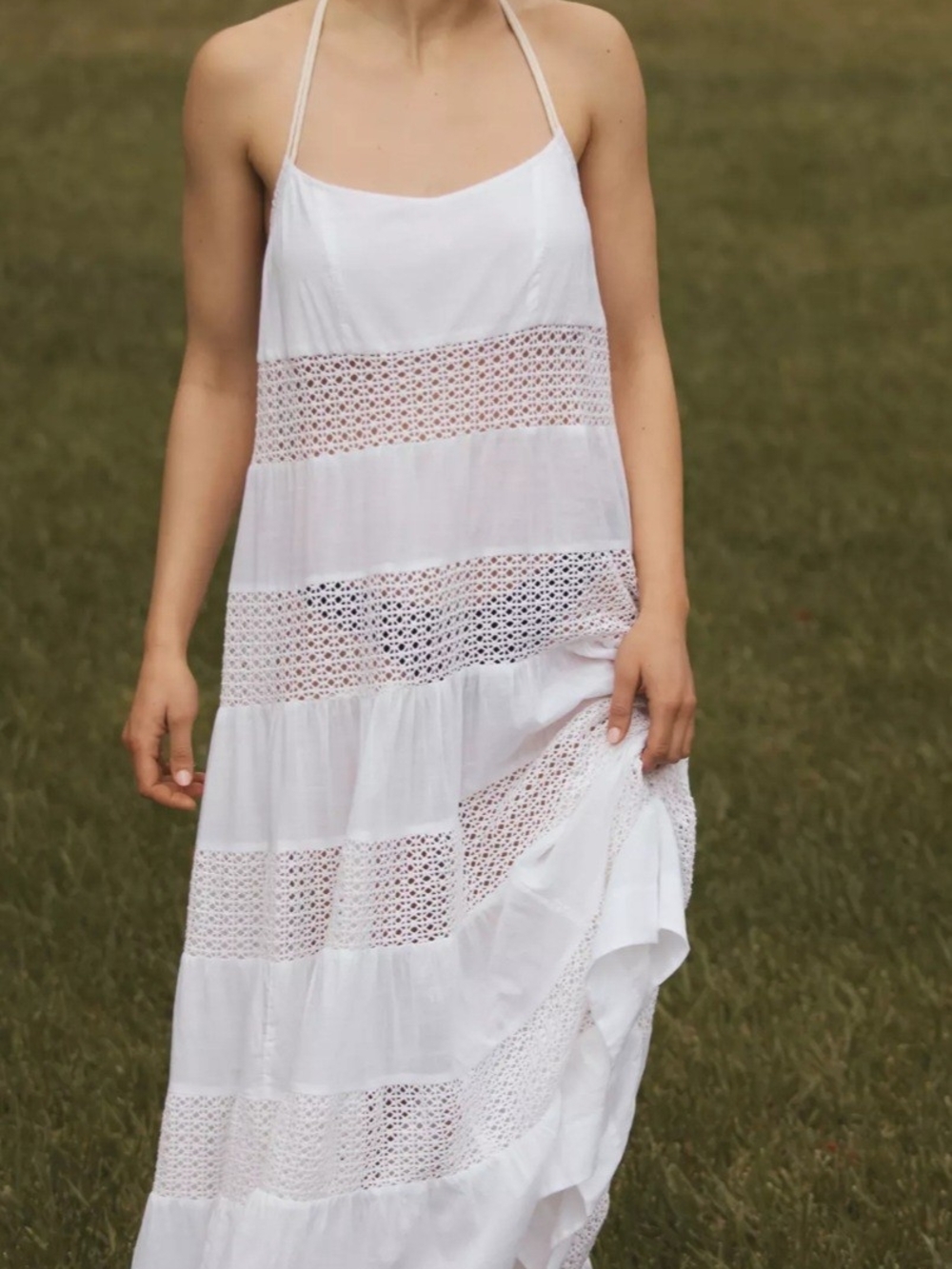 By Anthropologie Sheer Lace Tiered Midi Dress XS Women's Cotton Beach Maxi